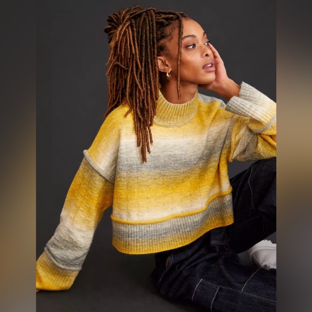 Anthropologie Pilcro Yellow & Gray Ombre Mock Neck Boxy Crop Sweater XL